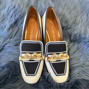 Tory Burch Black and Cream Loafers with Gold Accents